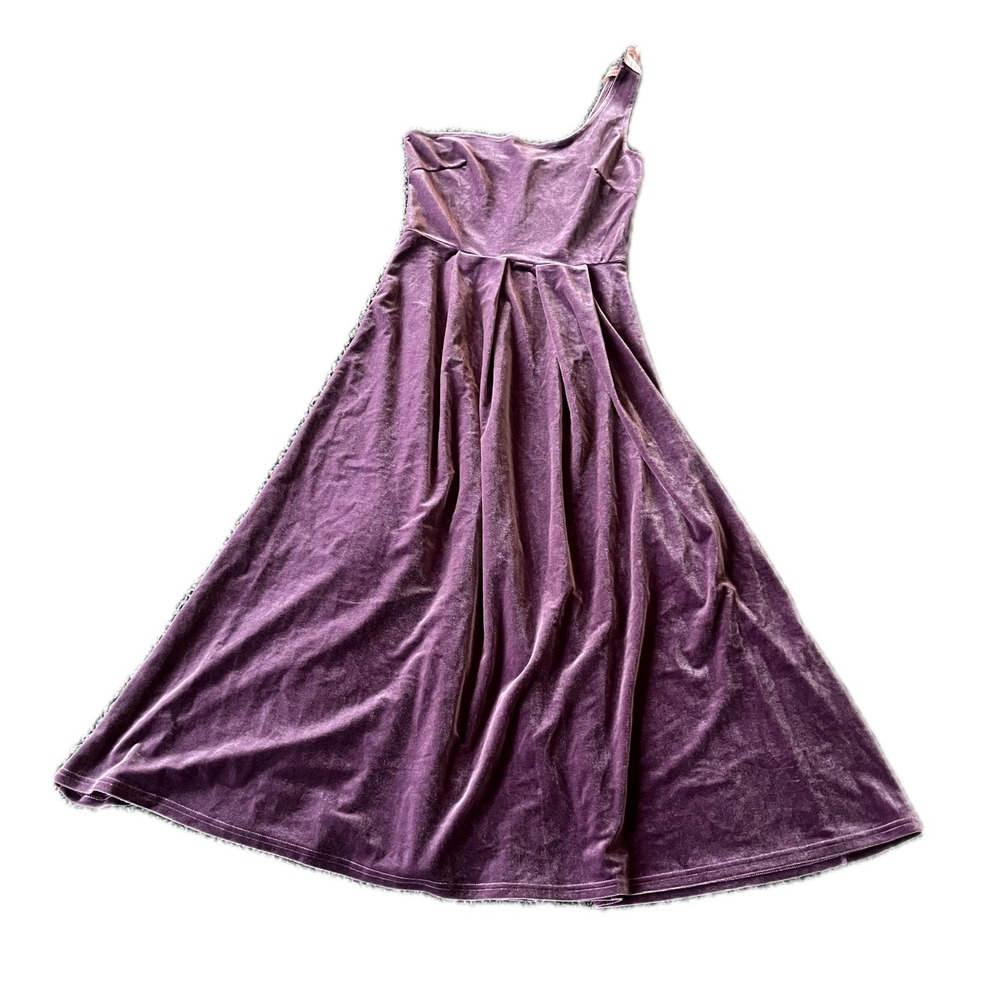 Purple Velvet One Shoulder Midi Dress Fall Wedding Fancy Pleated Sz S Gown NWT